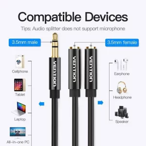 ADAPTER AUDIO 3.5 mm MUŠKI NA 2*3.5 mm ŽENSKI SPLITER VENTION 0.3 m BBSBY CRNI