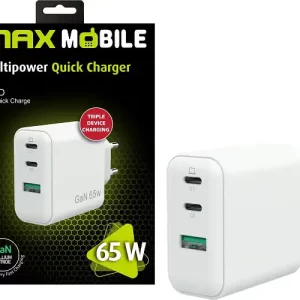 MAXMOBILE KUĆNI PUNJAČ PD SUPER FAST CHARGE Duo TypeC+USB-A,3UTR2076-QP,GaN 65W