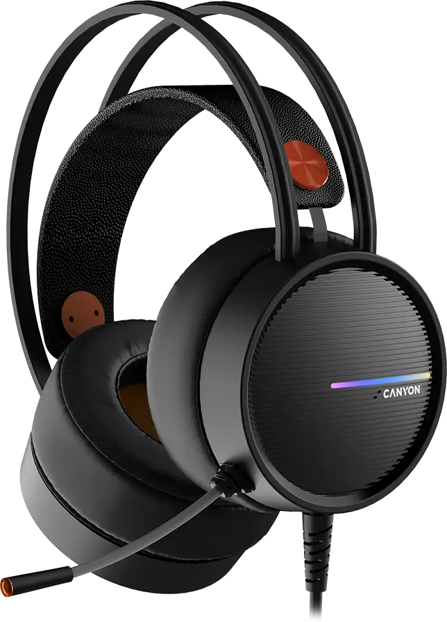 CANYON INTERCEPTOR GH-8A, Gaming headset 3.5mm jack plus USB connector for LED backlight, adjustable microphone and volume control, with 2in1 3.5mm adapter, cable 2M, Black and Orange, 0.36kg