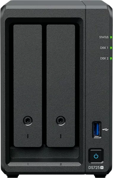 Synology DS725+, Tower, 2-Bays 3.5'' SATA HDD/SSD, 2 x M.2 2280 NVMe SSD, CPU AMD Ryzen R1600 dual-core (4-thread), max. boost up to 3.1 GHz, 4 GB DDR4 ECC SODIMM, 1 x 2.5 GbE, 1 x 1GbE, 1 x USB 3.2,