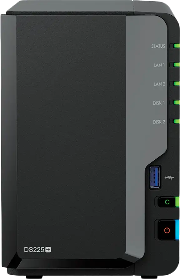 Synology DS225+, Tower, 2-bays 3.5'' SATA HDD/SSD, CPU Inte Celeron J4125 4-core (4-thread) 2.0 GHz, burst up to 2.7 GHz, 2 GB DDR4 non-ECC (expandable up to 6 GB), 1xRJ-45 1GbE LAN, 1xRJ-45 2.5 GbE L
