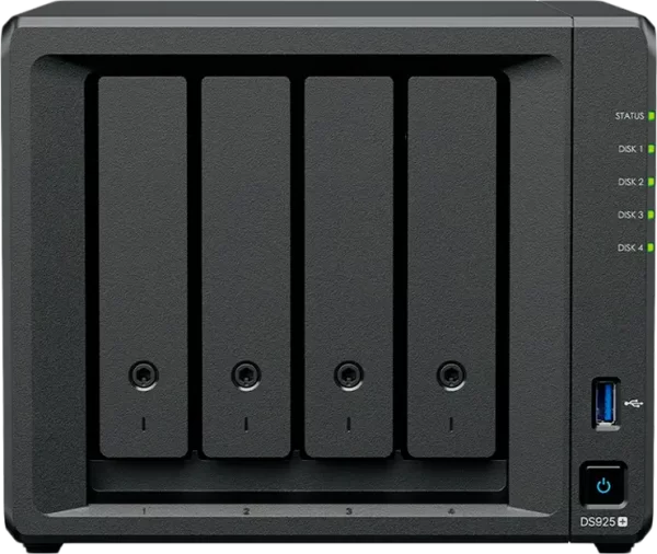 Synology DiskStation DS925+ Tower, 4-Bays 3.5'' SATA HDD/SSD, 2 x M.2 2280 NVMe SSD slot, CPU AMD Ryzen V1500B 4-core 2.2 GHz, 4 GB DDR4 ECC SODIMM, 2x RJ-45 2.5 GbE LAN Port; 2x USB 3.2; 1 xUSB Type-