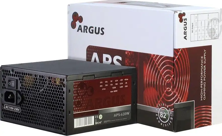 Power Supply INTER-TECH Argus APS 620W, efficiency 86.3%, dual rail (30A/30A), 120 mm silent fan with automatic control, 1x6+2pinPCIE, 4xSATA, 4xMolex, 1xFloppy, 1x4+4pinEPS12V, Active PFC, OVP/SCP/OP