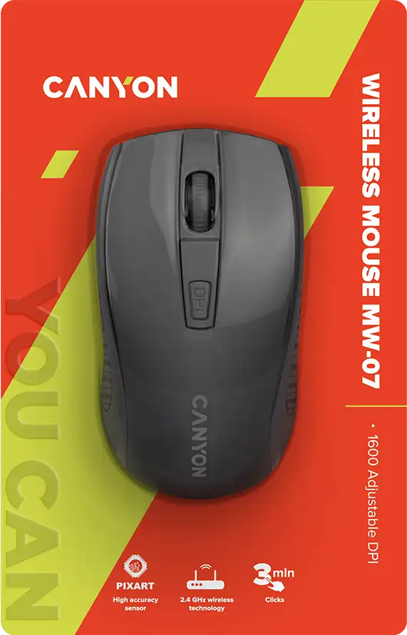 CANYON MW-7, 2.4Ghz wireless mouse, 6 buttons, DPI 800/1200/1600, with 1 AA battery ,size 110*60*37mm,58g,black - Slika 2