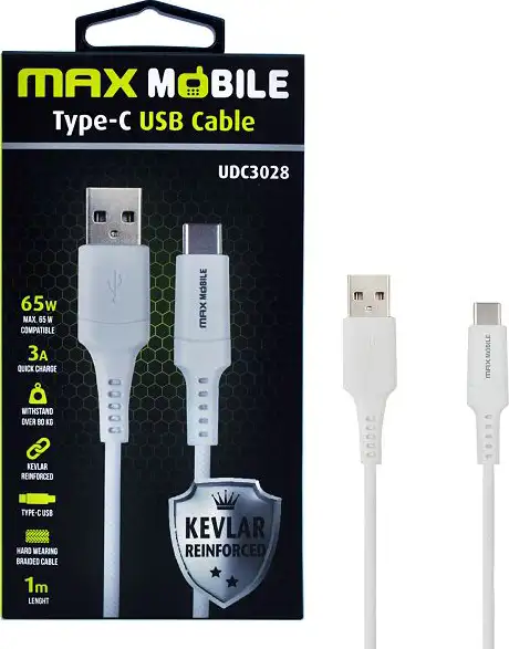 MAXMOBILE DATA KABEL USB 2.0 TYPE C UDC3028 KEVLAR WHITE QC 3A 1m