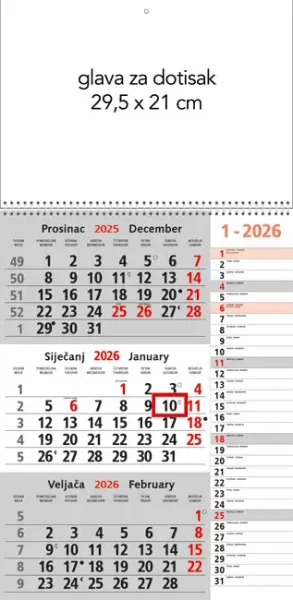 Kalendar zidni trodijelni 2026. memo sa spiralom, 000012340