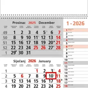 Kalendar zidni trodijelni 2026. memo sa spiralom, 000012340