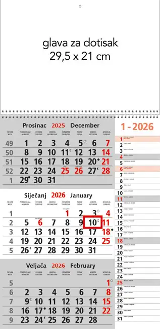 Kalendar zidni trodijelni 2026. memo sa spiralom, 000012340