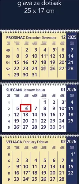 Kalendar zidni trodijelni 2026. s 3 spirale plavi, 000010733