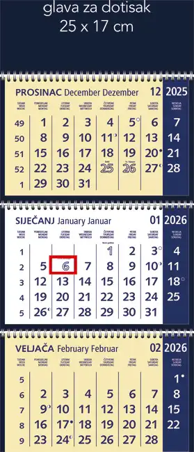 Kalendar zidni trodijelni 2026. s 3 spirale plavi, 000010733