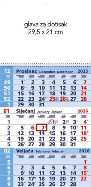 Kalendar zidni trodijelni 2026. sa spiralom plavi, 000013275