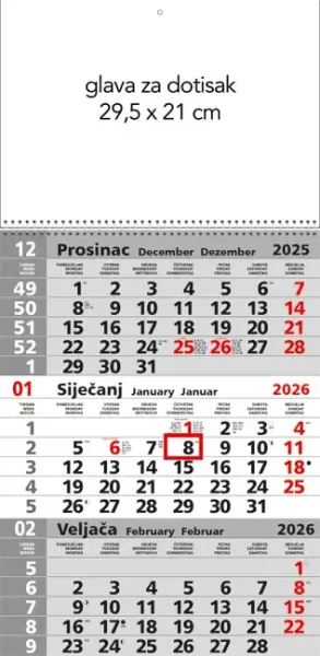 Kalendar zidni trodijelni 2026. sa spiralom sivi, 000002150