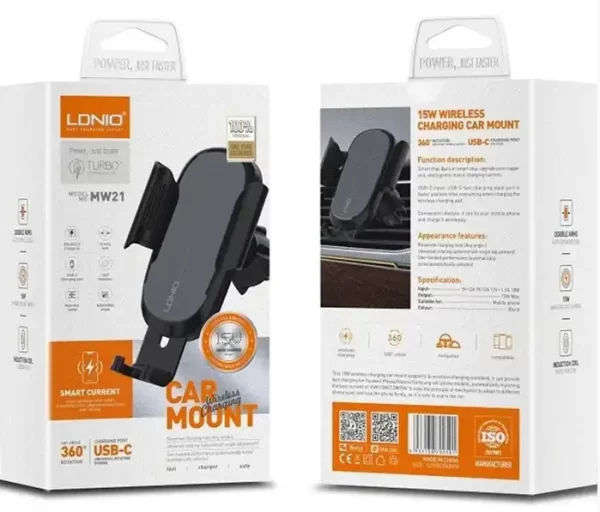 AUTO DRŽAČ I BEŽIČNI PUNJAČ LDNIO MW21 MONTAŽA NA VENTILACIJU 15 W + KABEL TIP C