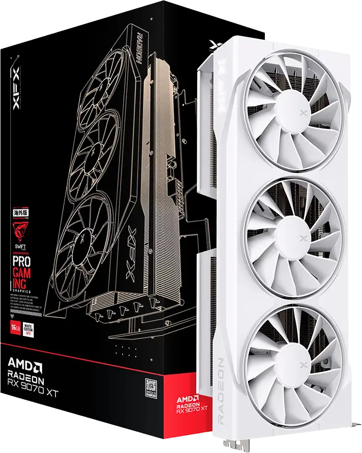 XFX Swift AMD Radeon RX 9070XT White Triple fan Gaming Edition with 16GB GDDR6 HDMI 3xDP, AMD RDNA 4 RX-97TSWF3W9