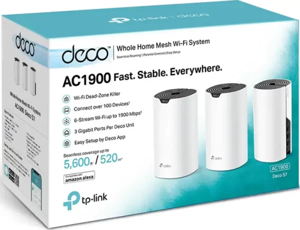 AC1900 Whole Home Mesh Wi-Fi SystemSPEED: 600 Mbps at 2.4 GHz +1300 Mbps at 5 GHzSEPC: 3× Internal Antennas, 3× Gigabit Ports (WAN/LAN auto-sensing)FEATURE: Deco App, Router/AP Mode, IPv6, IPTV, Paren