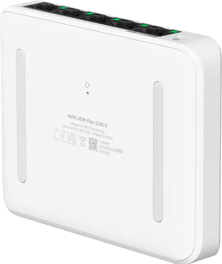 Ubiquiti 5-port 2.5G switch that can be powered with PoE or a USB-C adapter; 4x 2.5 GbE ports, 2.5 GbE PoE input port for power