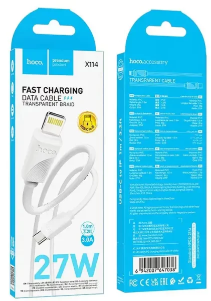Cable USB C to Lightning Hoco PD 27W 1 m X114 white