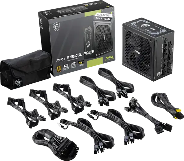 MSI MAG A1250GL PCIE5, 1250W, 80 PLUS Gold, 135mm FDB Fan, Protections: OCP/OVP/OPP/OTP/SCP/UVP, Active PFC Design, Flat Cables, Dimensions: 150mmx150mmx86mm, 7Y Warranty