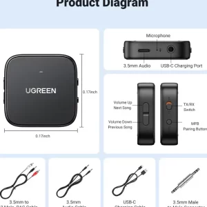 UGREEN Bežični Audio transmiter i receiver, BT 5.2, crni