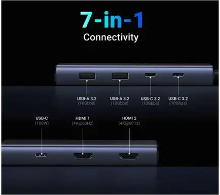 UGREEN 7-portni USB-C HUB na 2xUSB-A 3.2, 2xUSB-C 3.2, 1xUSB-C za napajanje, 2x HDMI 60 Hz, 1xHDMI, sivi