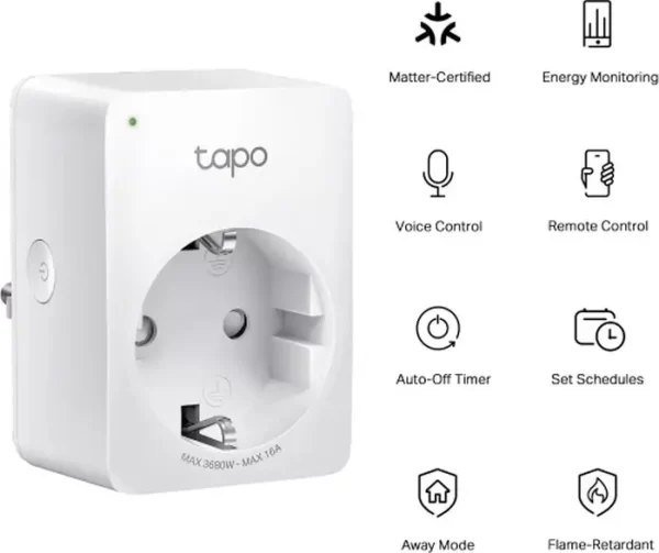 Tp Link Tapo P110M, Mini Smart Wi-Fi Plug, 100-240V, 802.11b/g/n WiFi connection, 2.4 GHz WiFi, Max. Load 16A, Voice Control, Remote Control, Schedule & Timer, Matter-Certified (Apple Home, Alexa, Goo