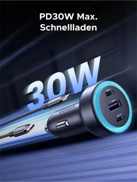 UGREEN auto punjač 30W, 2×USB-C/1×USB-A, PD3.0/QC3.0, sivi, 45843