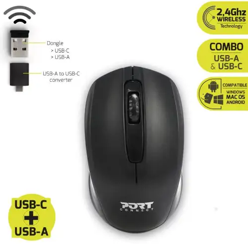 Port miš BUDGET bežični, USB-C & USB-A, crni