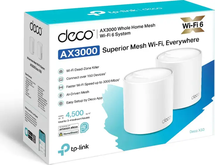 AX3000 Whole Home Mesh Wi-Fi 6 System, 2 unitsSPEED: 574 Mbps at 2.4 GHz + 2402 Mbps at 5 GHzSPEC: 2?— Internal Antennas, 3?— Gigabit Ports (WAN/LAN auto-sensing), 2 Streams and HE160 for 5GHzFEATURE: - Slika 5