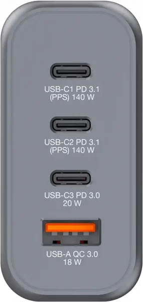 Verbatim GNC-140 GaN zidni punjač 140W, 4 priključka, 2 x USB-C PD 140 W / 1 x USB-C PD 20 W / 1 x USB-A QC 3.0 32203