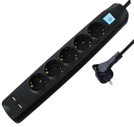 Transmedia 5-way power strip with 2x USB, black, 1,5m, NV58-1,5L