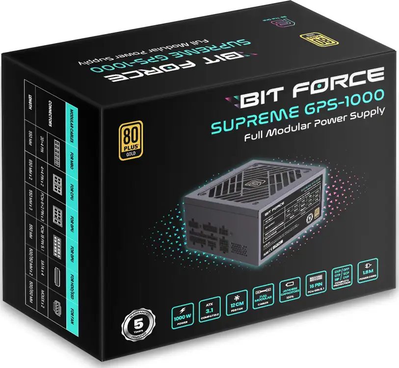 BIT FORCE napajanje 1000W 80+ GOLD SUPREME GPS-1000, modularno, ATX 3.1, PCI-E 5.1, FDB - Slika 5