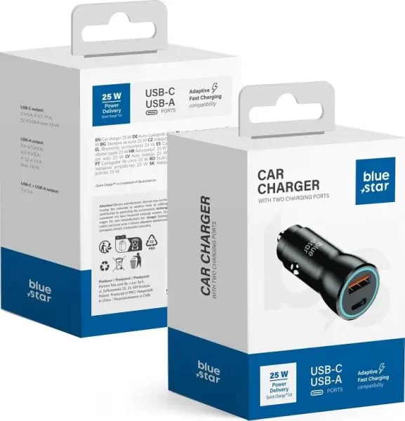 Auto punjač Blue Star USB C + USB A QC3.0 PD AFC PPS 3A 25W crni