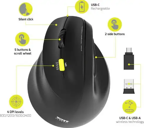 Port miš 2.4 GHz BT erg. punjivi za ljevake, crni, 910008