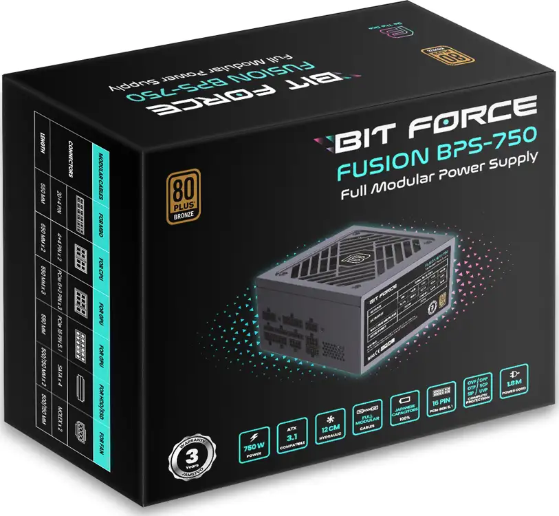 BIT FORCE napajanje 750W 80+ BRONZE FUSION BPS-750 modularno, ATX 3.1, PCI-E 5.1 - Slika 2