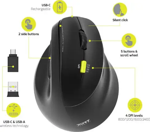 Port miš 2.4 GHz BT erg. punjivi za dešnjake, crni, 910007