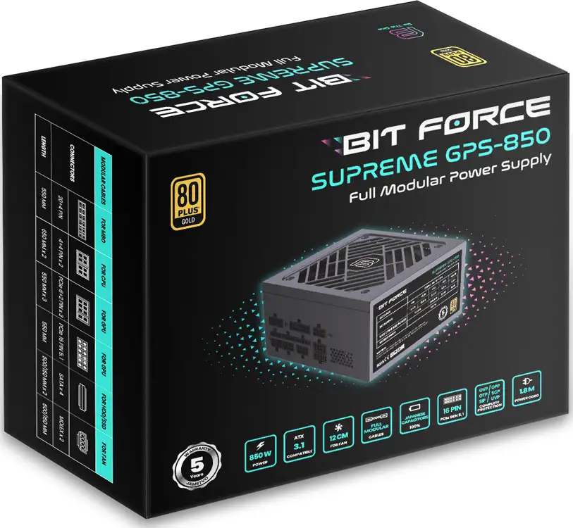BIT FORCE napajanje 850W 80+ GOLD SUPREME GPS-850, modularno, ATX 3.1, PCI-E 5.1, FDB - Slika 3