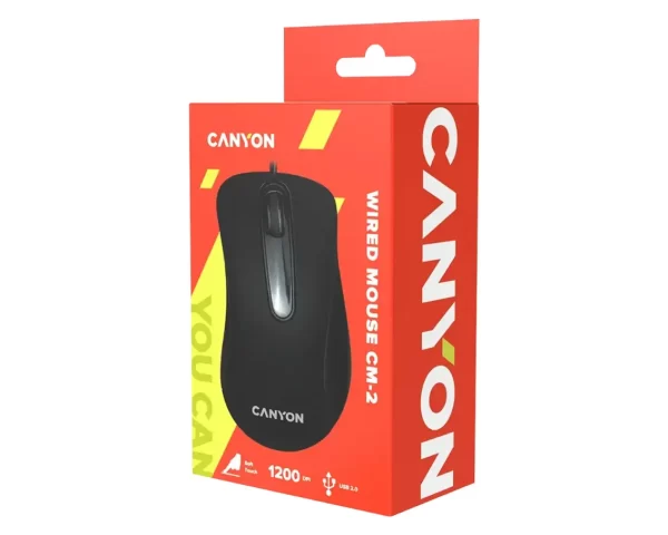 CANYON CM-2 Wired Optical Mouse with 3 buttons, 1200 DPI optical technology for precise tracking, black, cable length 1.5m, 108*65*38mm, 0.076kg, CNE-CMS2