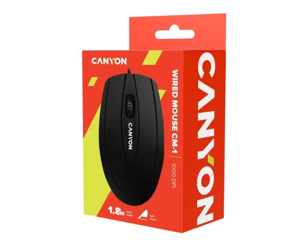 CANYON CM-1 wired optical Mouse with 3 buttons, DPI 1000, Black, cable length 1.8m, CNE-CMS1