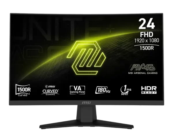 MSI MAG 244C, 23.6" 1500R FHD, 180Hz, HDR Ready, 1x HDMI 2.0b (FHD, 180Hz), 1x DP 1.2a (HBR2), 1x Headphone-out