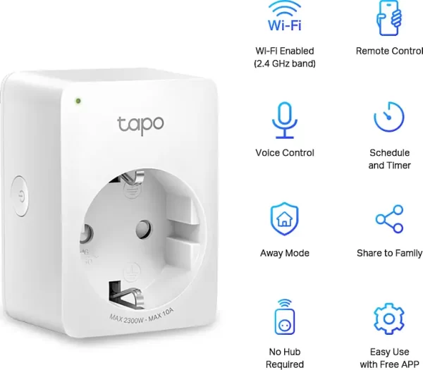 TP-Link Tapo Smart WiFi plug 2.4GHz, 802.11b/g/n, BT4.2, Tapo app, Wi-Fi kontrola, Timer/Schedule postavke, Glasovna kotrola Amazon Alexa/Google Assistant