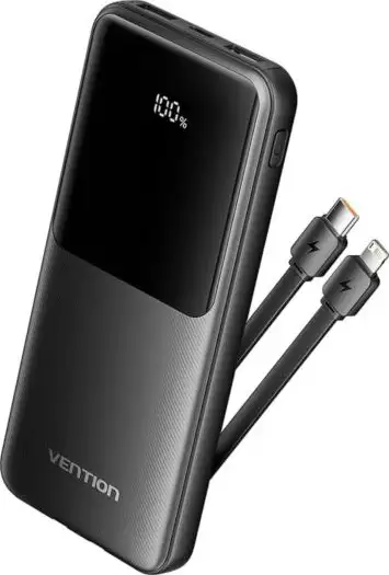 Vention 10000mAh Power Bank (Micro-USB USB-C USB-A USB-A) with Built-in USB-C and Lightning Cables 22.5W Black LED Display Type