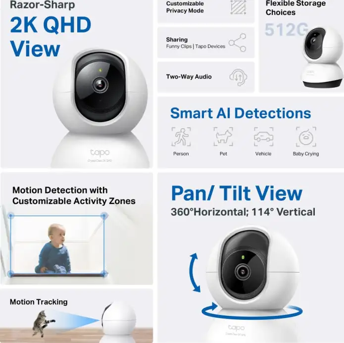 Pan/Tilt AI Home Security Wi-Fi CameraSPEC:2K QHD (2560x1440), 2.4 GHz, Horizontal 360o FEATURE: Pan/Tilt, Smart AI Detection and Notifications (motion, people, pets, cars, abnormal sound), Motion Tr - Slika 3