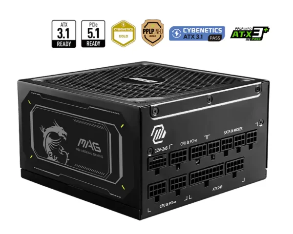 MSI MAG A1000GL PCIE5 II, 1000W, 80+ Gold, Fully modular, 135mm Vent, ATX 3.1 ready