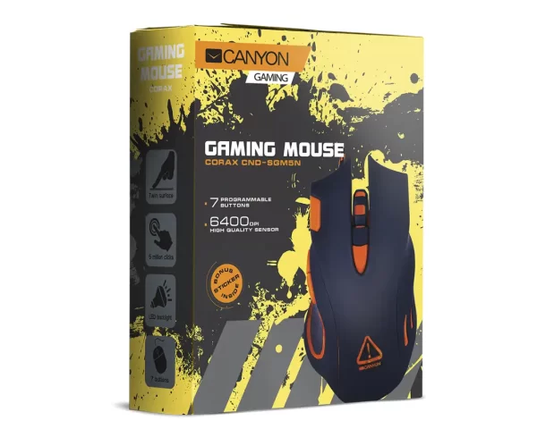 Miš Canyon CND-SGM5N gaming mouse, adjustable DPI setting 800/1600/2400/4800/6400, LED backlight, Black, CND-SGM5N