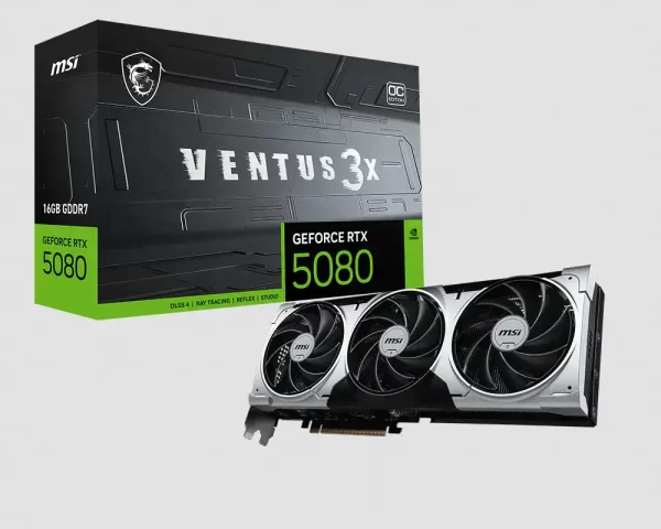 MSI Video Card Nvidia RTX 5080 16G VENTUS 3X OC PLUS (16GB GDDR7/256bit, PCI-E Gen5, 3x DP 2.1, 1x HDMI 2.1, 1x 16-pin Power Connector, 850W recommended, Retail)