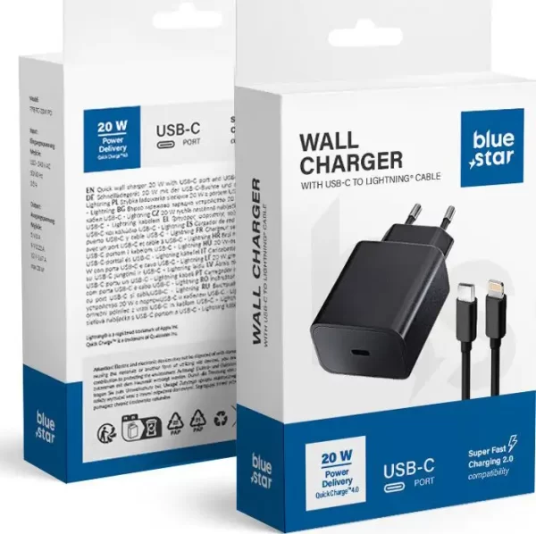 Punjač za telefon Blue Star USB C QC4.0 PD 3A 20W + kabel USB C na Lightning TFB-TC-20WPD crni