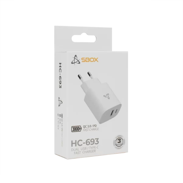 SBOX kućni punjač USB A/TYPE-C, 20W, QC, bijeli