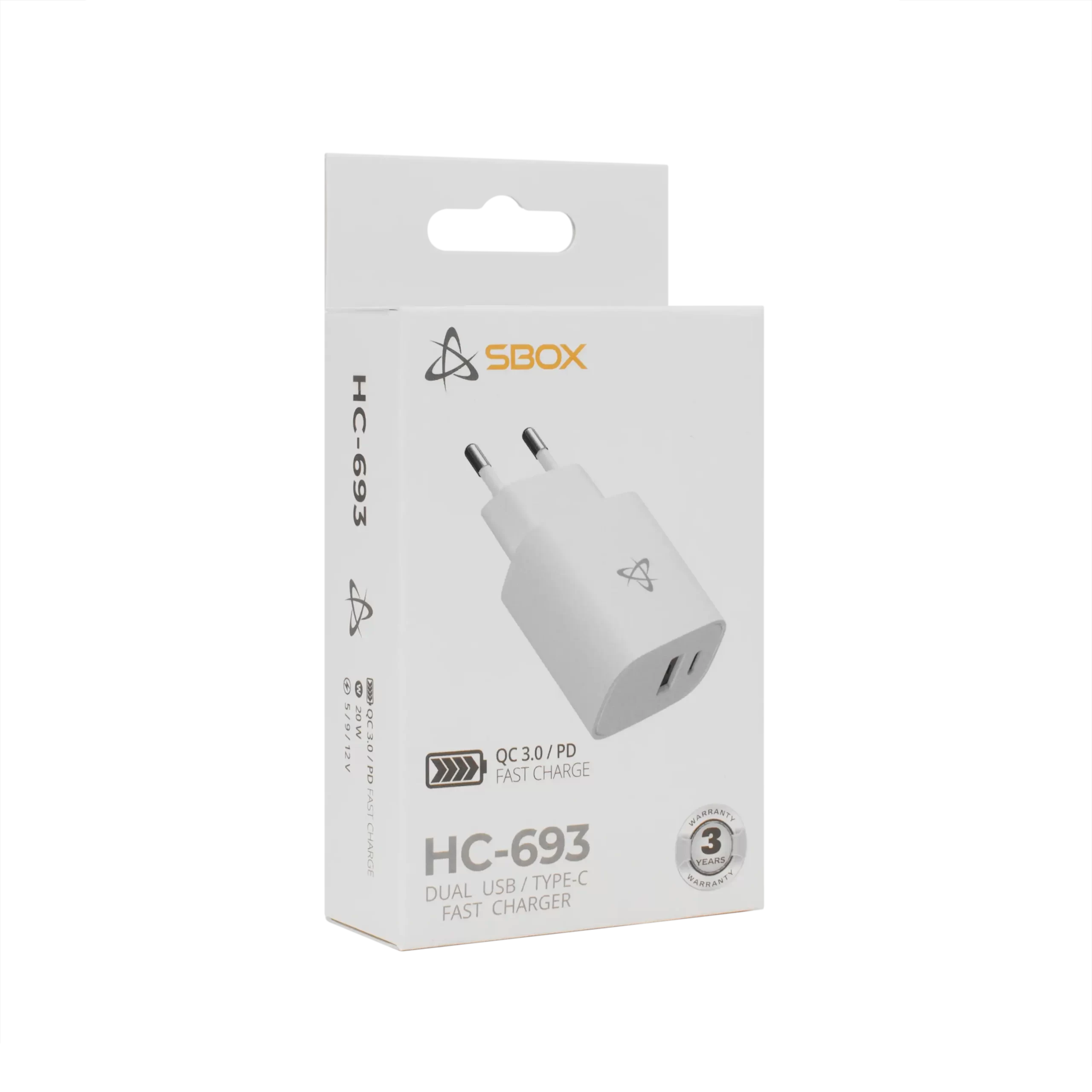 SBOX kućni punjač USB A/TYPE-C, 20W, QC, bijeli