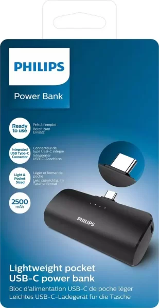 Philips power bank DLP2510C, 2500mAh, USB-C, crni