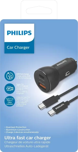 Philips auto punjač, USB-A/USB-C, 36W Fast Charge + kabel